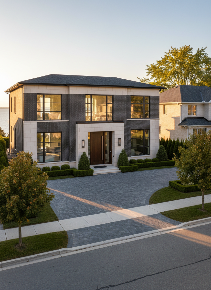 An elegant luxury home exterior in Mississauga, featuring a contemporary two-story façade of creamy limestone and charcoal brick, expansive floor-to-ceiling windows, and a wide pivot front door framed by manicured boxwood hedges. The property sits on a gently sloped street with mature maple trees and glimpses of Lake Ontario at the end of the road. Soft golden hour sunlight glows across the glass and stone, creating subtle reflections and long, refined shadows along the interlocking stone driveway. Photographic realism from a slightly elevated, three-quarter angle captures the entire front elevation, with crisp focus and a shallow depth of field that gently blurs the neighboring homes, evoking a sophisticated, aspirational mood ideal for a high-end real estate brand.