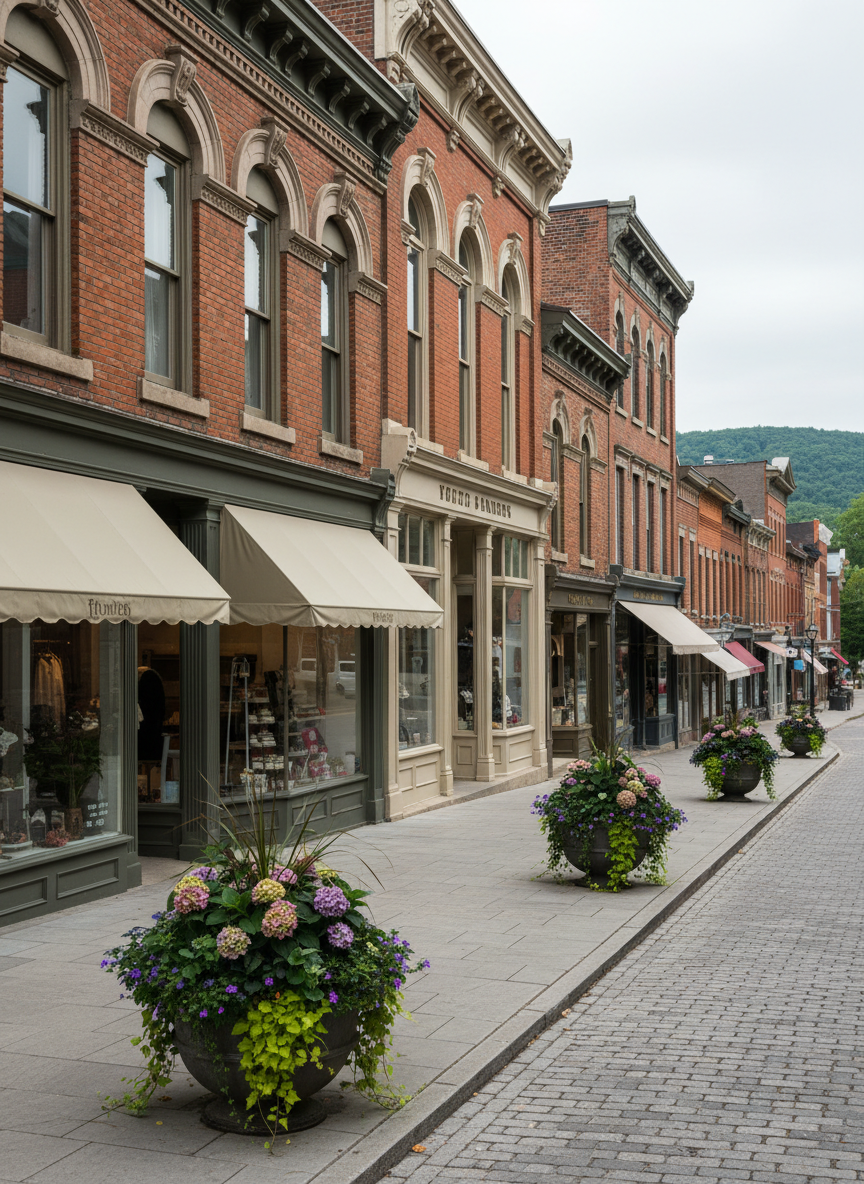 A picturesque streetscape in historic downtown Hamilton, captured without people, highlighting the character of the community Nova Real Estate Collective serves. Elegant century brick buildings with ornate cornices and large, restored windows line the street, their ground floors featuring upscale cafés and boutiques indicated only by tasteful awnings and window displays. Planters with seasonal greenery soften the sidewalks, while distant views hint at the escarpment ridge. Soft overcast daylight creates even, flattering illumination with minimal harsh shadows, bringing out the rich textures of brick and stone. Photographic realism from a slightly elevated angle with deep focus captures multiple storefronts and the street’s gentle curve, conveying a vibrant yet sophisticated neighborhood ideal for premium property seekers.
