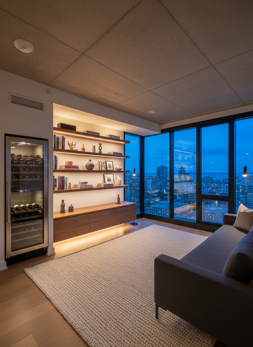 A sophisticated urban condo interior representing Hamilton, featuring a corner living room with exposed concrete ceiling, black-framed floor-to-ceiling windows, and a panoramic view of the downtown skyline and distant harbour. Inside, a low-profile charcoal sectional sits atop a textured wool rug, facing a floating media console in warm walnut. A sleek built-in wine fridge and open shelving with carefully curated décor line one wall. Evening blue hour light seeps through the windows, while warm ambient lighting from slim floor lamps and under-cabinet LEDs creates a refined contrast. Photographic realism with a slightly wide, eye-level composition emphasizes depth and the seamless blend of city energy and quiet luxury, perfect for showcasing sophisticated urban living.