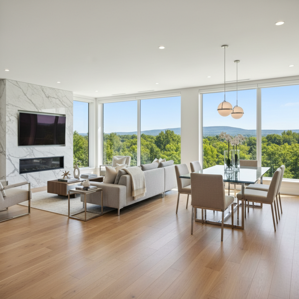A bright, meticulously staged open-concept living and dining space in an upscale Halton property, showcasing wide-plank light oak floors, a sculptural gas fireplace with a veined white marble surround, and oversized windows revealing treetops and a hint of the escarpment beyond. A glass dining table with sleek chrome legs anchors the room, styled with a minimalist centerpiece and carefully placed neutral-toned décor. Soft afternoon daylight pours in, enhanced by recessed ceiling lighting that adds subtle highlights along the furniture edges. Photographic realism at eye level with a wide-angle lens keeps the entire space in sharp focus, conveying an inviting yet polished atmosphere that feels move-in ready and distinctly luxurious.
