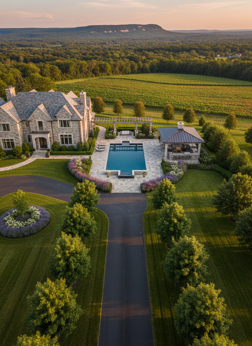 A serene aerial view of a prestigious Niagara estate property, with a stately stone residence set back from a long, straight driveway bordered by mature trees and sculpted lawns. Behind the home, an expansive backyard reveals a rectangular saltwater pool with a dark reflective finish, a travertine pool deck, and a covered outdoor kitchen pavilion with a standing-seam metal roof. Surrounding vineyards and a hint of the Niagara Escarpment stretch into the distance. Captured in warm late-afternoon sunlight, the scene features long shadows and rich, natural colors. Photographic realism from a high drone perspective highlights the full property layout and surrounding landscape, conveying exclusivity, privacy, and the grandeur of countryside luxury living.