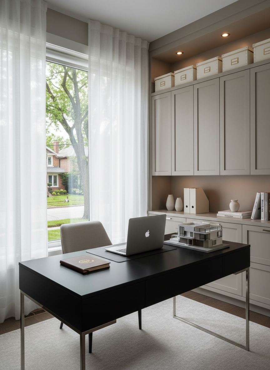 A refined home office vignette representing Nova Real Estate Collective’s professional expertise, set within a luxury Brantford property. A large, matte black executive desk with thin metal legs faces a tall window framing a leafy residential streetscape. On the desk, a sleek laptop, a leather-bound notebook, and a small architectural model of a modern home are neatly arranged. Built-in cabinetry in soft taupe spans the back wall, displaying subtle décor and organized file boxes. Soft, diffused daylight enters through sheer curtains, creating gentle highlights on the desk surface and a calm, focused atmosphere. Photographic realism with a centered, eye-level composition and moderate depth of field evokes trust, discretion, and meticulous attention to detail in real estate service.